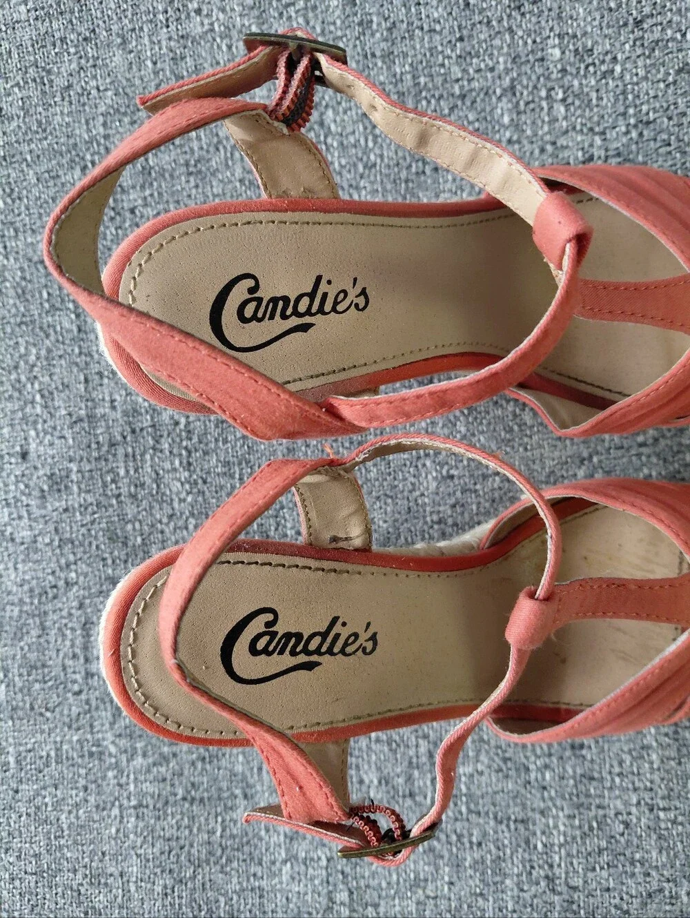 Candie's 2012 Coral Orange T-Strap Open Toe Espadrille Ankle Strap Wedges Size 6
